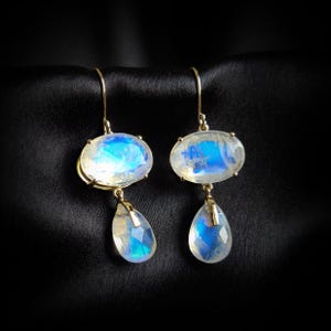 Natural Rainbow Moonstone Earrings, 14K Solid Yellow Gold Earrings, June Birthstone, Prong Earrings, Christmas Present, Moonstone Jewelry