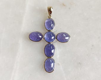 Pingente de cruz em tanzanita natural, ouro amarelo maciço 14K, pedra do mês de dezembro.