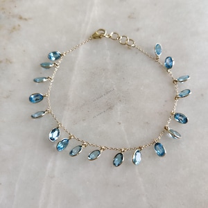 Natural Swiss Blue Topaz Bracelet, 14K Solid Yellow Gold Swiss Blue Topaz Bracelet, Chain Bracelet, Blue Topaz Bracelet, December Birthstone