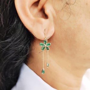 Natural Emerald Earrings, 14K Solid Gold Emerald Earrings, Dainty Emerald Flower Earrings, May Birthstone Earrings, Christmas Present