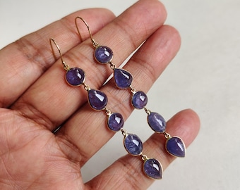 14K Solid Yellow Gold Natural Tanzanite Drop Earrings, December Birthstone