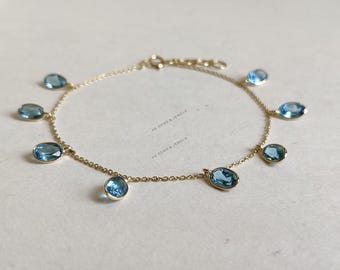 14K Solid Gold Natural Swiss Blue Topaz Bracelet, December Birthstone