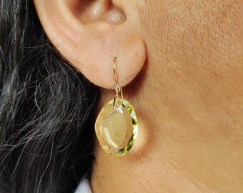 Natural Lemon Quartz Earrings, 14K Solid Yellow Gold, Oval Cut Gemstone