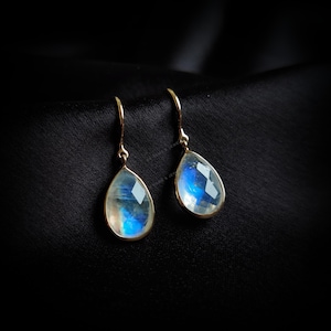 Rainbow Moonstone Earrings, 14K Solid Yellow Gold Moonstone Earrings, June Birthstone, Blue Moonstone Drop Earrings, Birthday Present