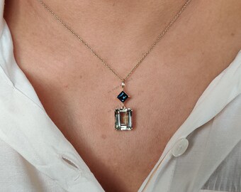 Natürliche London Blue Topaz & Grün Amethyst 14K Solid Gold Anhänger, Februar Birthstone