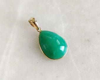 14K Solid Yellow Gold Natural Chrysoprase Pendant, Pear Cabochon, May Birthstone