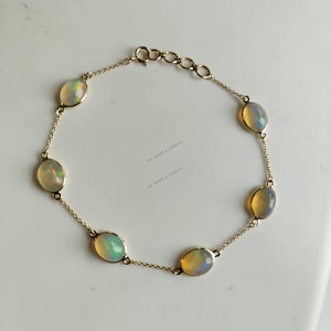Natural Opal Bracelet, 14K Yellow Gold Ethiopian Opal Bracelet, Chain Bracelet, Dainty Bracelet, October Birthstone, Natural Opal Jewelry
