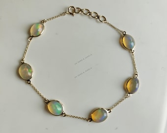 14K Solid Gold Natural Ethiopian Opal Bracelet, Dainty Chain Bracelet