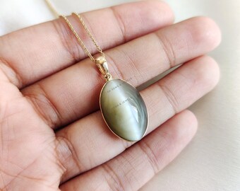 Natural Cat's Eye Pendant, 14K Solid Yellow Gold Cats Eye