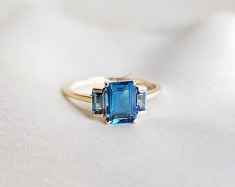 Anello con topazio blu naturale di Londra, in oro giallo massiccio 14 carati, pietra portafortuna di dicembre.