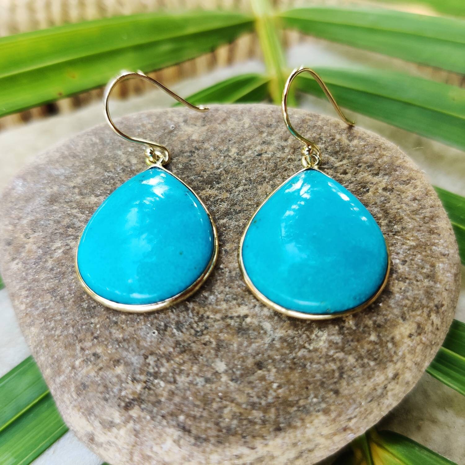 14K Gold Turquoise Earrings Natural Turquoise Bezel Earrings Etsy