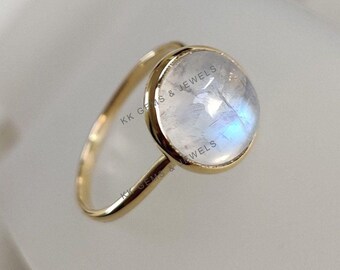 14K Solid Yellow Gold Natural Rainbow Moonstone Ring, June Birthstone
