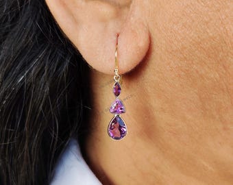 14K Solid Gold natürliche lila Amethyst Tropfen Ohrringe, Februar Geburtsstein