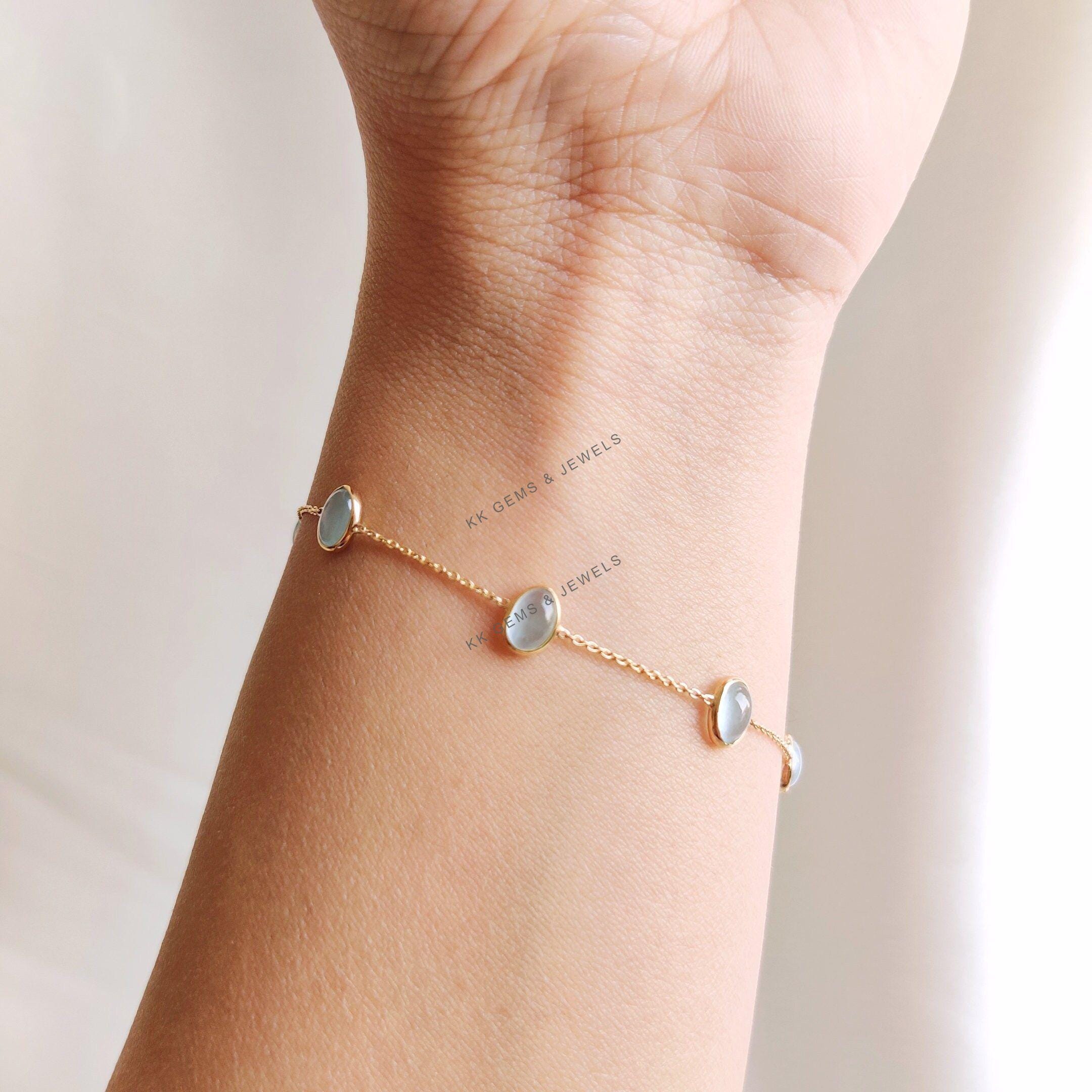 天然アクアマリンブレスレット、14Kソリッドゴールドブレスレット 