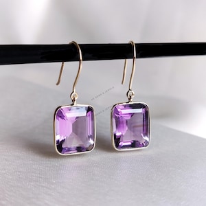 Natural Purple Amethyst Earrings, 14K Solid Yellow Gold Amethyst Earrings, February Birthstone Earrings, Christmas Present, Amethyst Jewelry