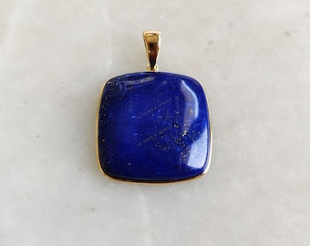 14K Solid GYellow old Natural Lapis Lazuli Pendant, Square Cushion Cabochon, September Birthstone