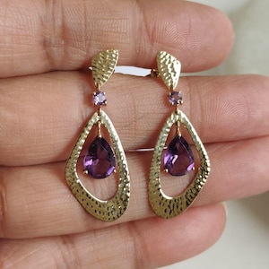Natural Purple Amethyst Earrings, 14K Solid Yellow Gold Earrings Amethyst Earrings, February Birthstone, Drop Earrings, Christmas Gift