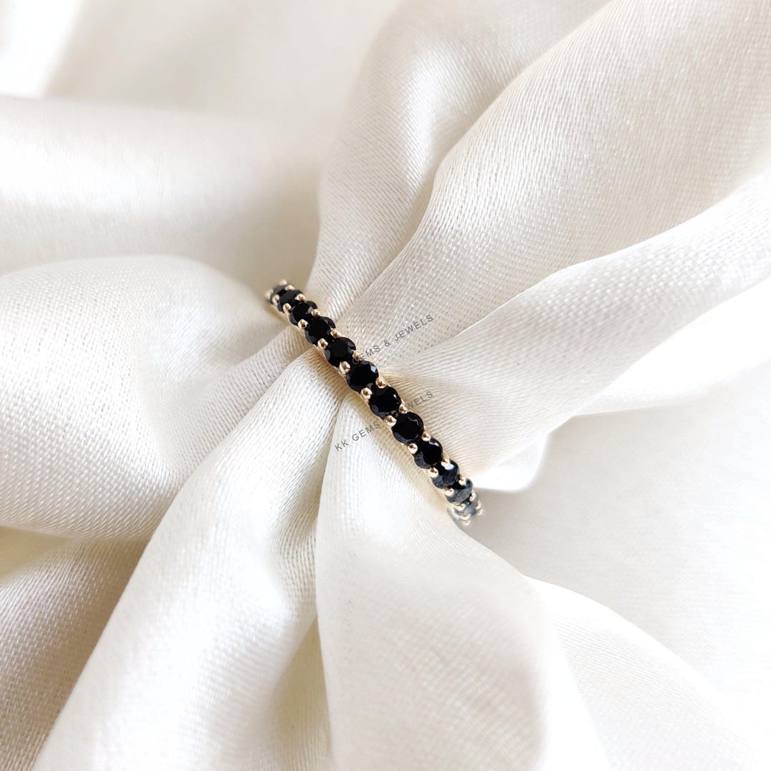Natural Black Spinel Eternity Ring, 14K Solid Yellow Gold Infinity Band ...