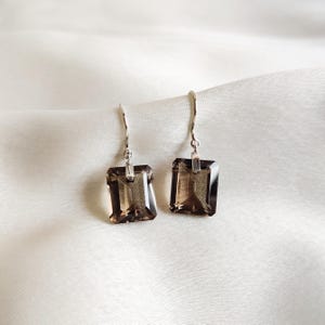 Natural Smoky Quartz Earrings, 14K Solid White Gold Earrings, June Birthstone, Emerald Cut Earrings, Christmas Gift, Smoky Quartz Jewelry