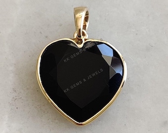 Natural Black Onyx Heart Pendant, 14K Solid Yellow Gold Onyx Pendant, Christmas Gift, Heart Pendant, December Birthstone, Black Onyx Jewelry