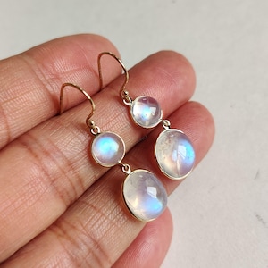 Natural Rainbow Moonstone Earrings, 14K Solid Yellow Gold Moonstone Earrings, June Birthstone, Christmas Gift, Rainbow Moonstone Jewelry