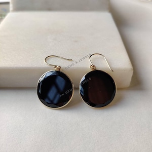 14K ブラックオニキス ドロップイヤリング - 6 mm ラウンド
