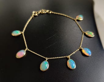 Natural Ethiopion Opal 14K Solid Yellow Gold Bracelet, October Birthstone
