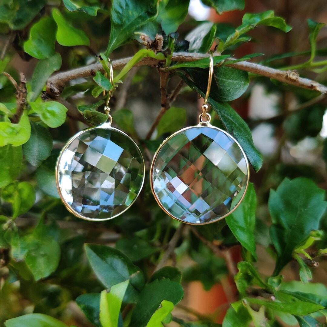 14K Gold Clear Quartz Earrings, Natural Clear Quartz Bezel Earring, 14K