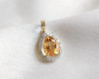 Natural Citrine & Diamond 14K Solid Yellow Gold Pear Pendant, November Birthstone