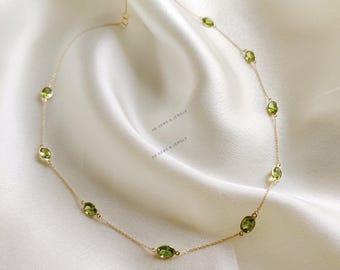Natural Peridot Bezel Necklace, 14K Solid Yellow Gold, August Birthstone