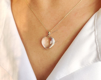 Natural Clear Quartz Heart Pendant, 14K Solid Yellow Gold Pendant, April Birthstone Pendant, Gemstone Heart Pendant, Crystal Heart Pendant