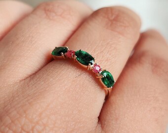 Natural Emerald & Ruby 14K Solid Yellow Gold Ring: Dainty Gemstone Jewelry