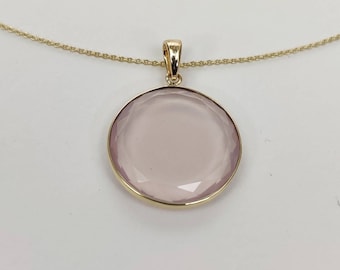 Natural Rose Quartz Pendant, 14K Solid Yellow Gold Rose Quartz Pendant, January Birthstone , Bezel Pendant, Round Pendant, Christmas Gift