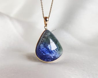 Natural Bi-Color Tanzanite Pendant: Pear Cabochon, 14K Solid Yellow Gold, December Birthstone
