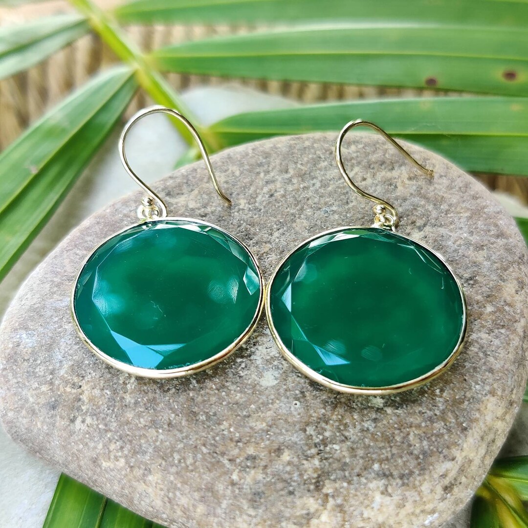 14K Gold Green Onyx Earrings, Natural Green Onyx Bezel Earrings, 14K