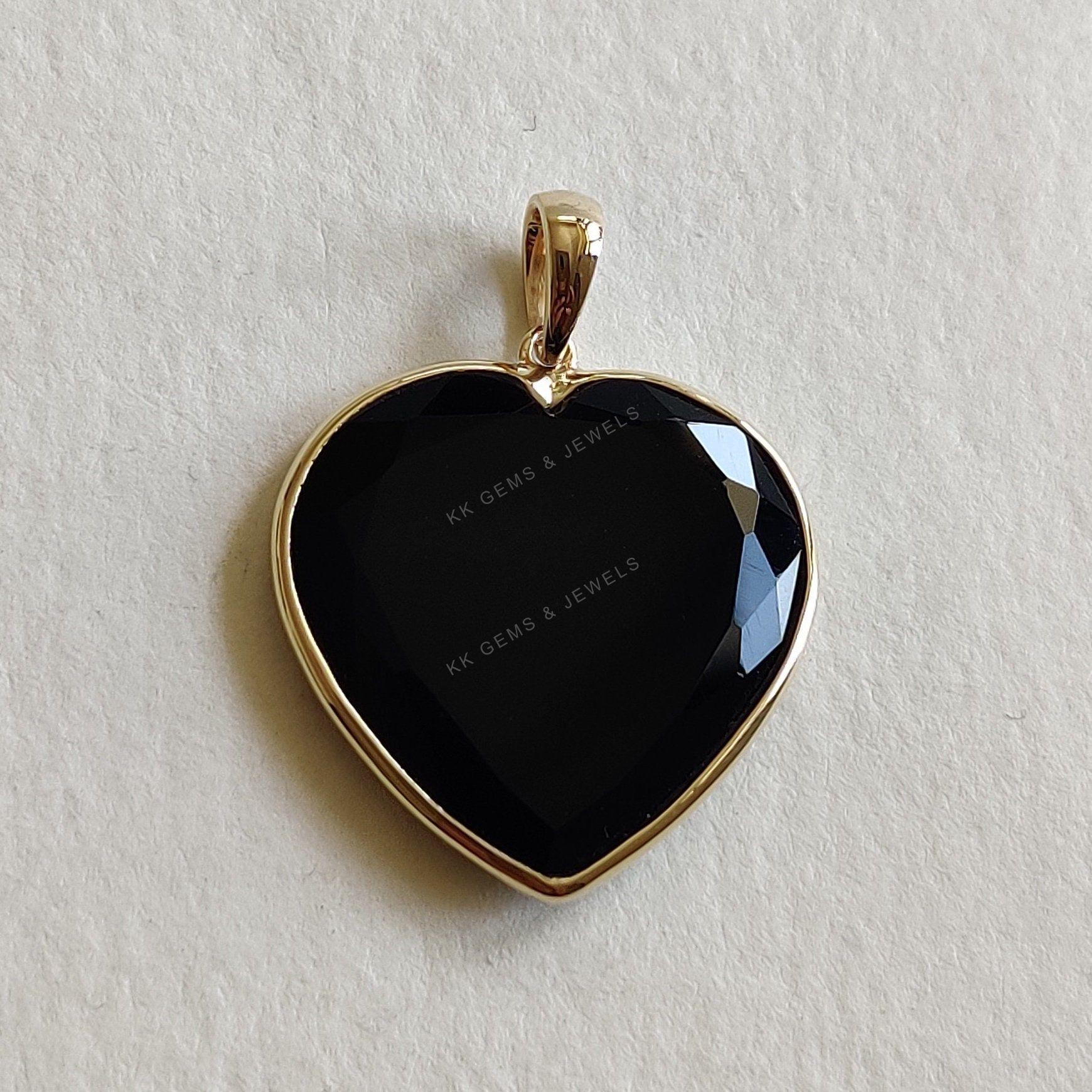 Natural Black Onyx Heart Pendant, 14K Solid Yellow Gold Pendant, Heart Shape Pendant, Christmas Gift, December Birthstone, Onyx Jewelry