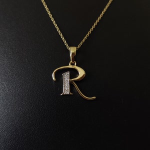 14K Gold Initial R Pendant, Solid Yellow Gold Initial R Charm Pendant, Natural Diamond Charm Pendant, Cluster Diamond Pendant, Birthday Gift