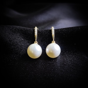 Natural Pearl & Diamond Earrings, 14K Solid Yellow Gold Earrings, June Birthstone, Dangler Earring, Christmas Present, Pearl Diamond Jewelry