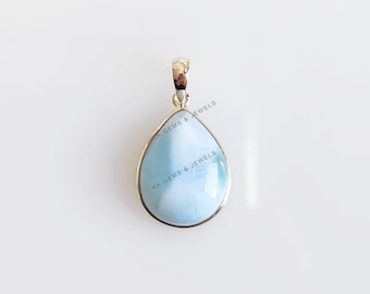 Natural Larimar Pendant, 14K Solid Yellow Gold Larimar Pendant, Solid Gold Pendant Necklace, March Birthstone, Christmas Gift, Bezel Pendant
