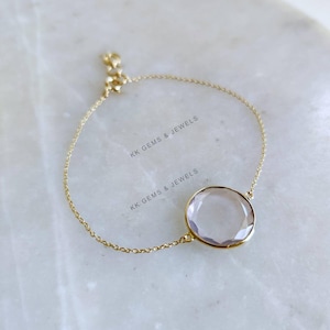 Natural Rose Quartz Bracelet, 14K Solid Yellow Gold Rose Quartz Bracelet, Chain Bracelet, Dainty Gemstone Bracelet, January Birthstone