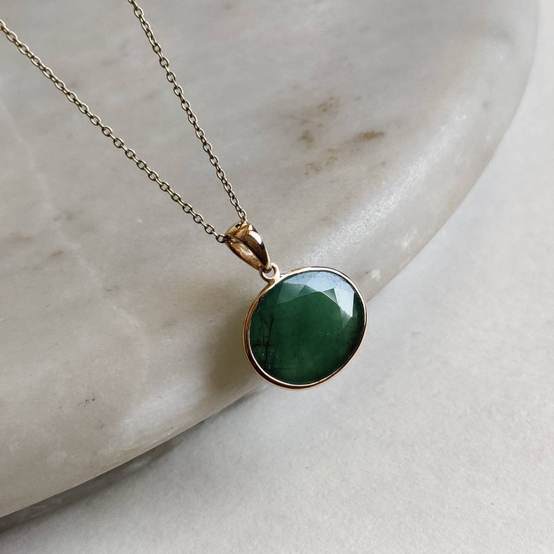 Natural Emerald Pendant, 14K Solid Yellow Gold Emerald Pendant, Solid Gold Pendant Necklace, May Birthstone, Christmas Gift, Emerald Jewelry image 8