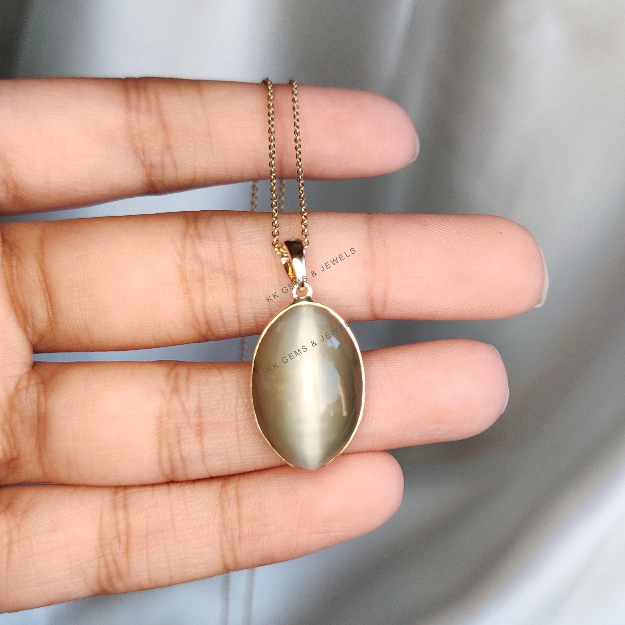 Natural Cat's Eye Pendant, 14K Solid Yellow Gold Cats Eye