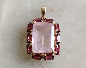 14K Solid Yellow Gold Natural Rose Quartz & Rhodolite Garnet Pendant, Wedding Jewelry