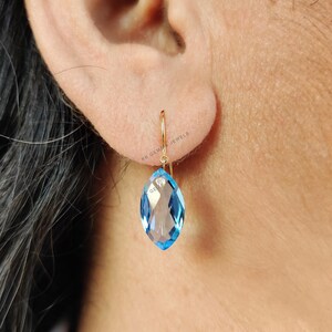 Natural Swiss Blue Topaz & Diamond Earrings, 18K Solid Yellow Gold Topaz Earrings, December April Birthstone Earrings, Christmas Present