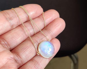 14K Solid Gold Natural Rainbow Moonstone Chain Necklace, June Birthstone