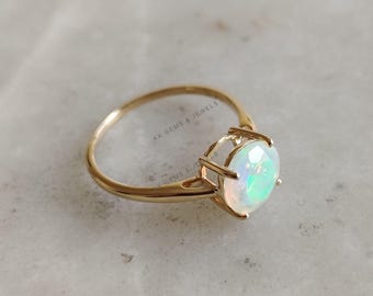 Natural Ethiopian Opal Ring, 14K Solid Yellow Gold, October Birthstone