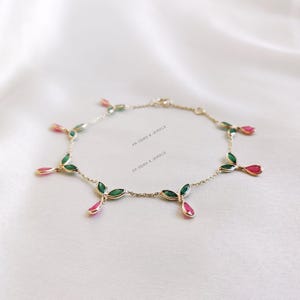 Natural Ruby & Emerald Bracelet, 14K Solid Yellow Gold Bracelet, Dainty Ruby Bracelet, May and July Birthstone Bracelet, Christmas Present