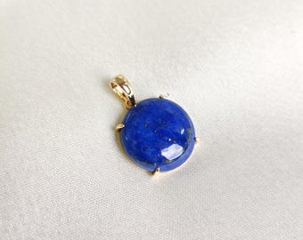 14K Solid Yellow Gold Round Natural Lapis Lazuli Pendant, September Birthstone