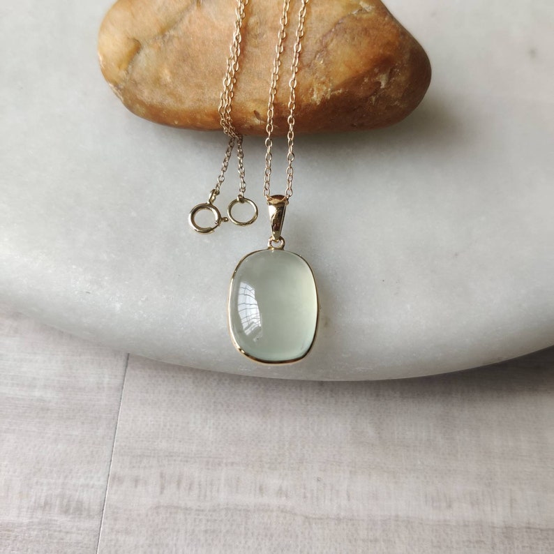 Natural Prehnite Pendant, 14K Solid Gold Prehnite Pendant, Solid Gold Pendant, October Birthstone, Prehnite Bezel Pendant, Christmas Gift image 10