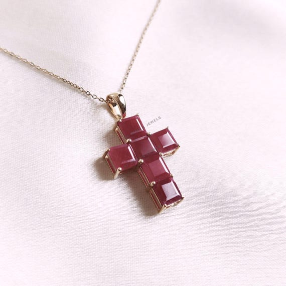 Natural Ruby Pendant, 14K Solid Yellow Gold Holy Cross Pendant, July Birthstone